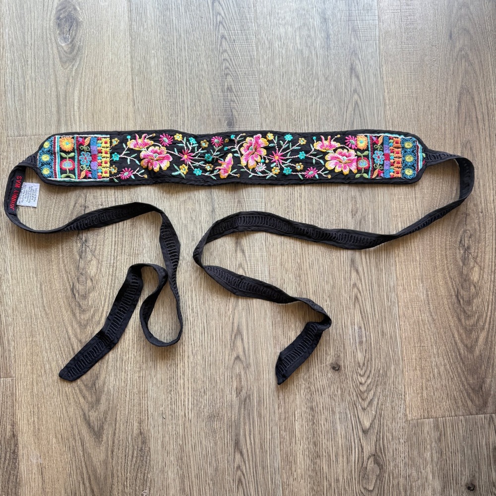 Johnny Was Black Floral Embroidered Tie Sash Belt Cupra Rayon Boho Multi Color